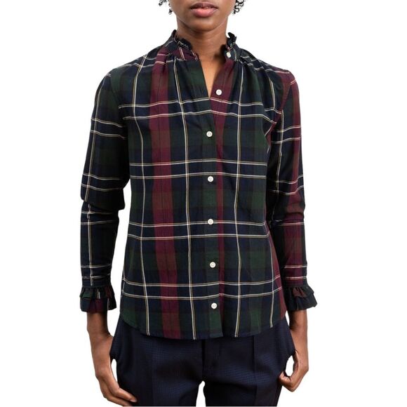 Trovata Birds of Paradis Caroline Ruffle Cuff Blouse Wine Navy Plaid Size Small - Picture 1 of 12